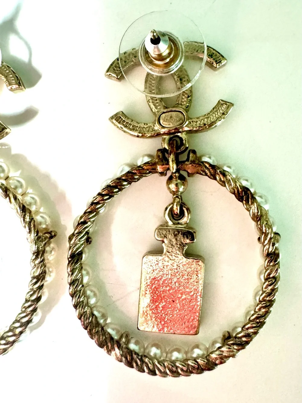 Chanel Crystal Pearl Chanel Charms CC Logo Drop Earrings in Gold W Box